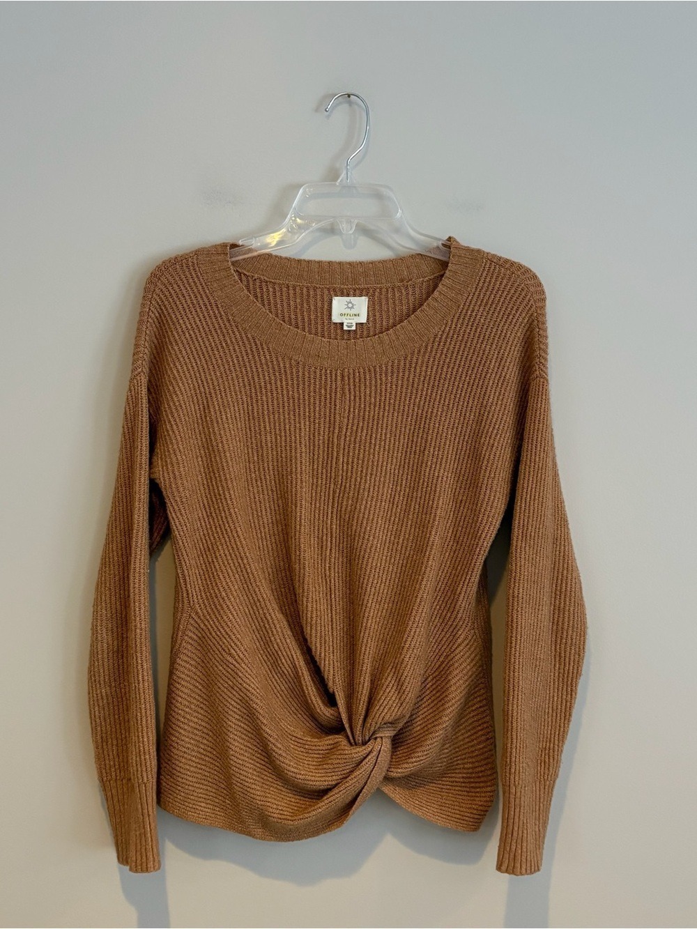 aerie Offline Ribbed Crewneck Sweater in Camel Size S